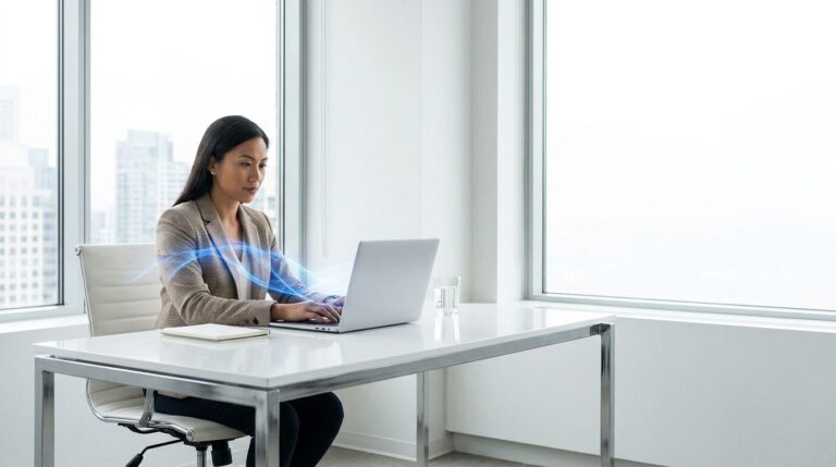 A professional working at a laptop with an abstract electric-blue AI light element, in a bright modern office