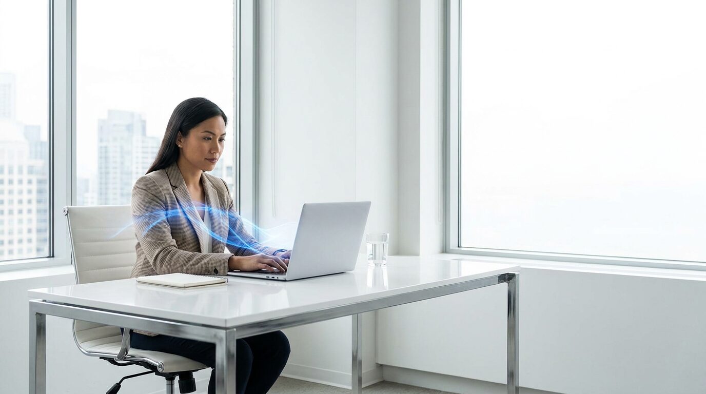 A professional working at a laptop with an abstract electric-blue AI light element, in a bright modern office