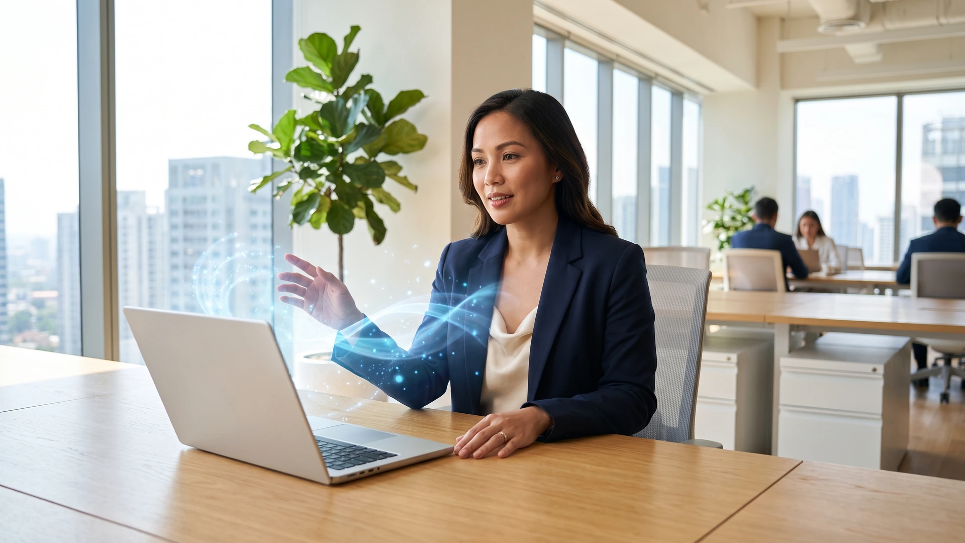 A professional working with AI, shown as an abstract blue light, at a laptop in a modern office