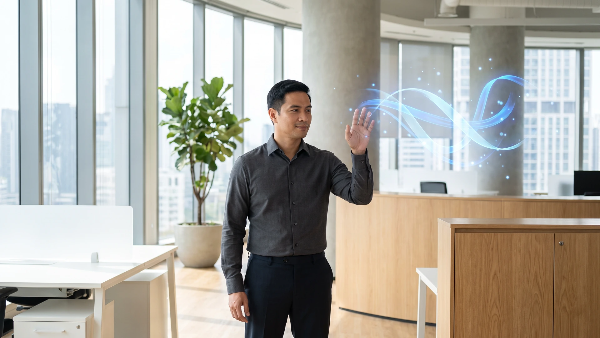 A professional guiding an abstract AI light form in a bright office
