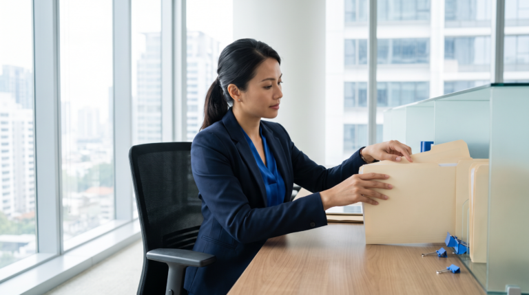 Legal professional handling confidential documents with discretion