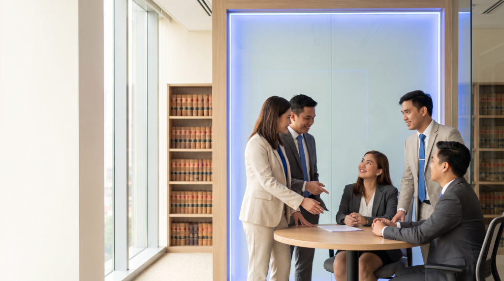 Legal team collaborating on matter tracking in a modern office