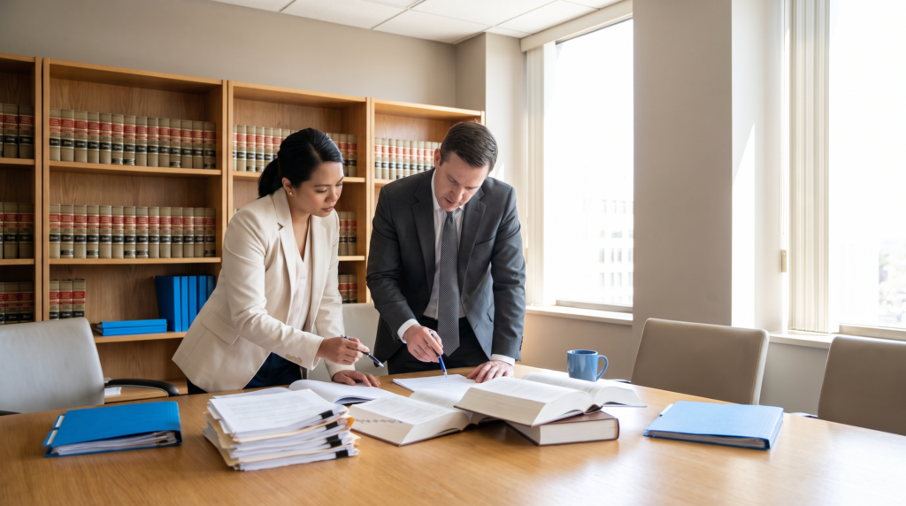 Legal support professional working in context at a modern office