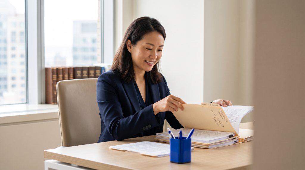 Filipino paralegal organizing case folders for a US law firm
