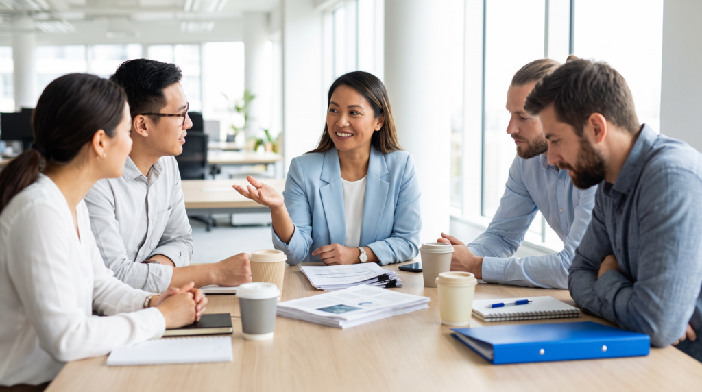 A Filipino professional integrated into a US client team at a bright modern office