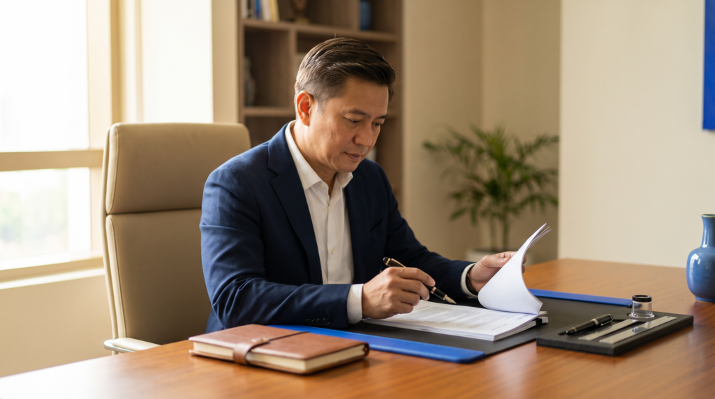 Filipino professional focused on high-quality work at a clean desk