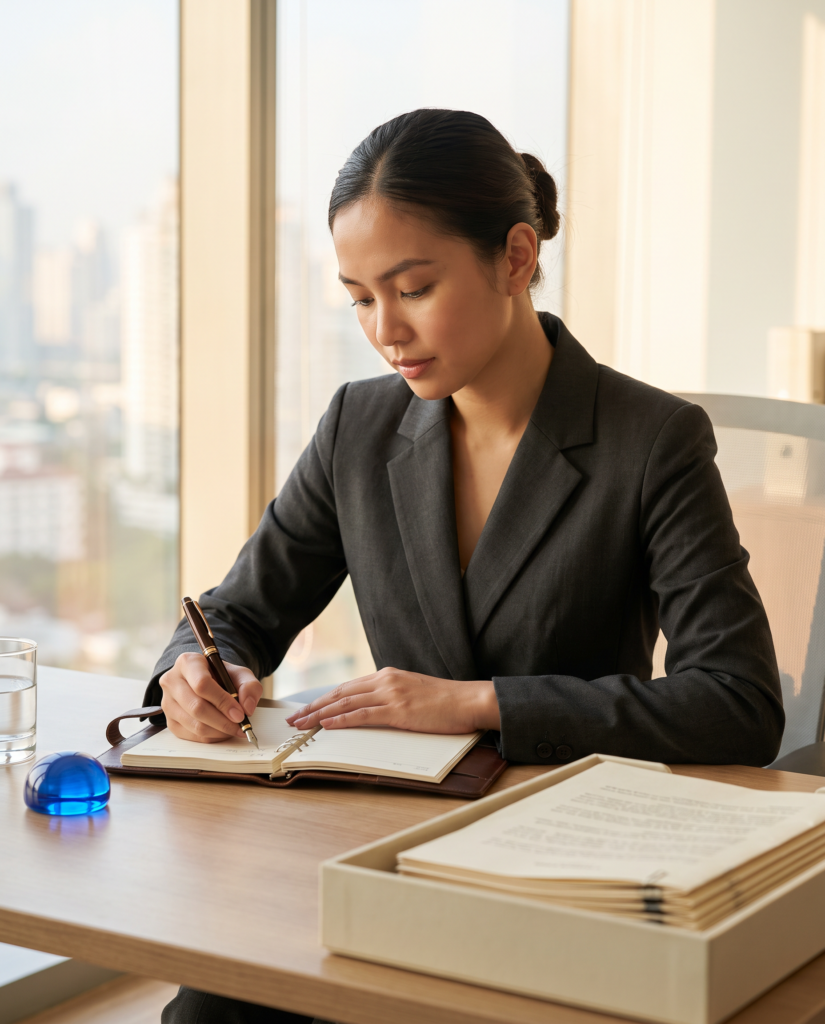 Filipino legal professionals reviewing case documents together