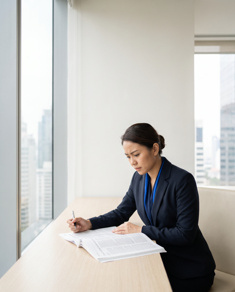 Compliance professional reviewing documentation to legal standards