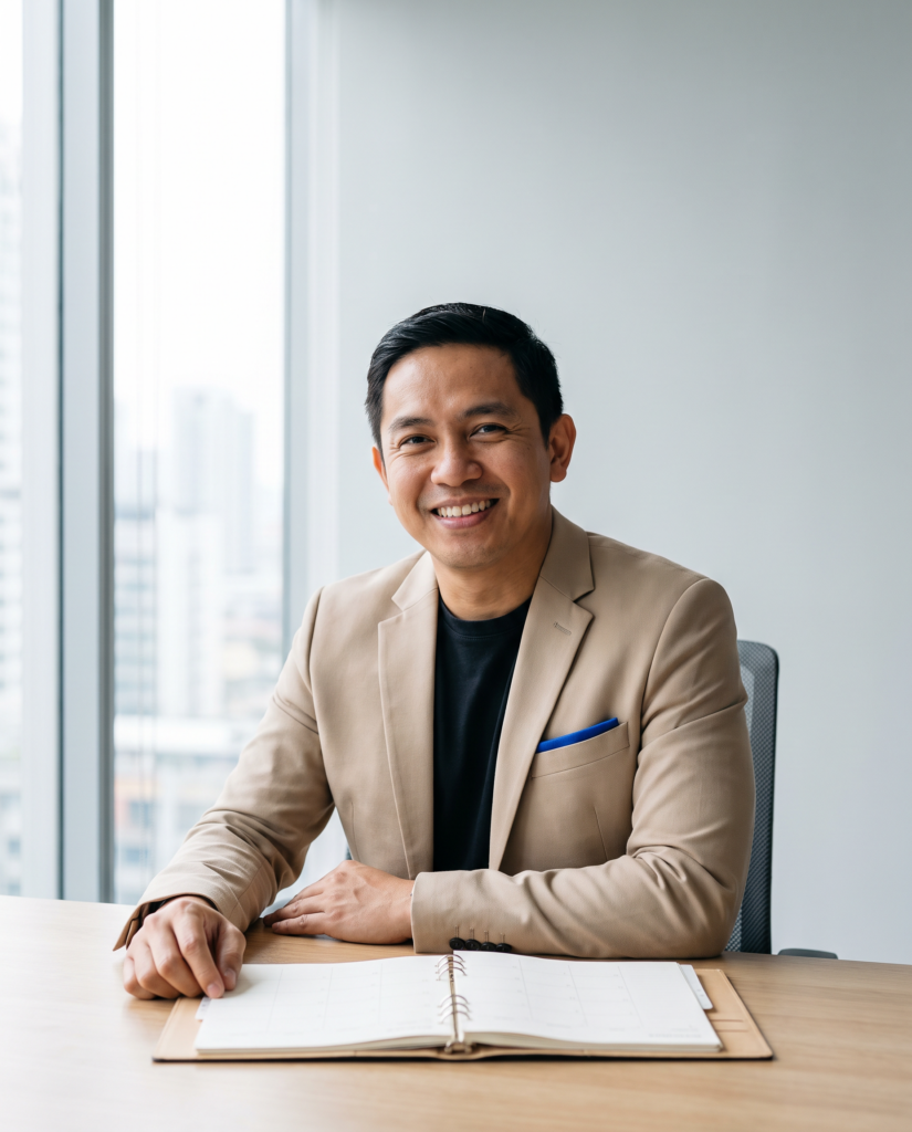 Approachable finance professional planning a client's books