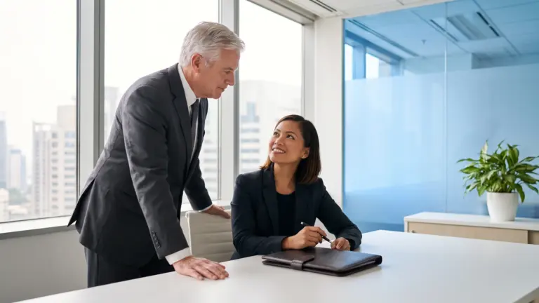 Law firm principal overseeing a seated paralegal during a check-in in a modern city office, illustrating retained control while delegating